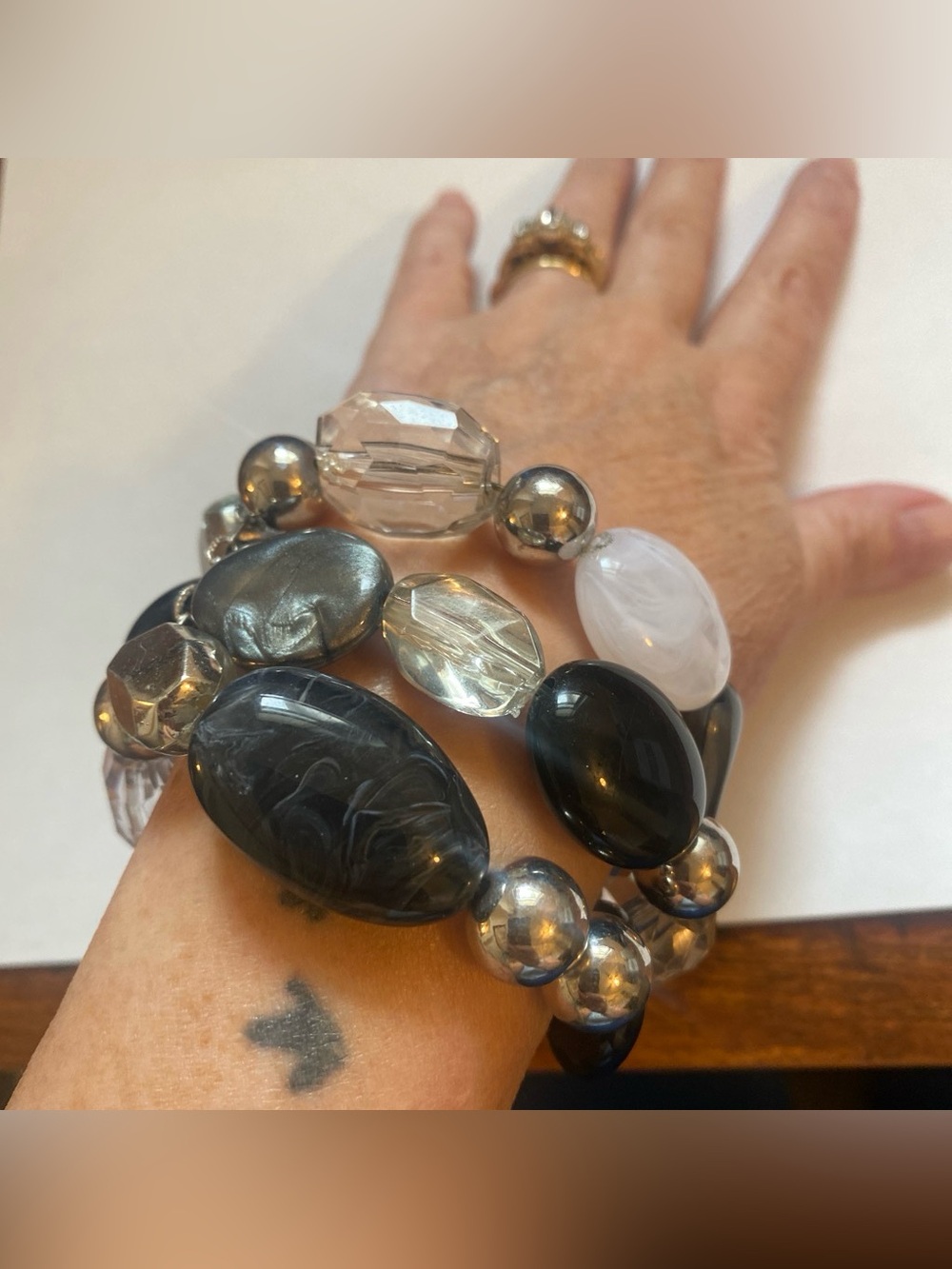 Stretch Beaded Statement Bracelet - Black, Gray & Clear